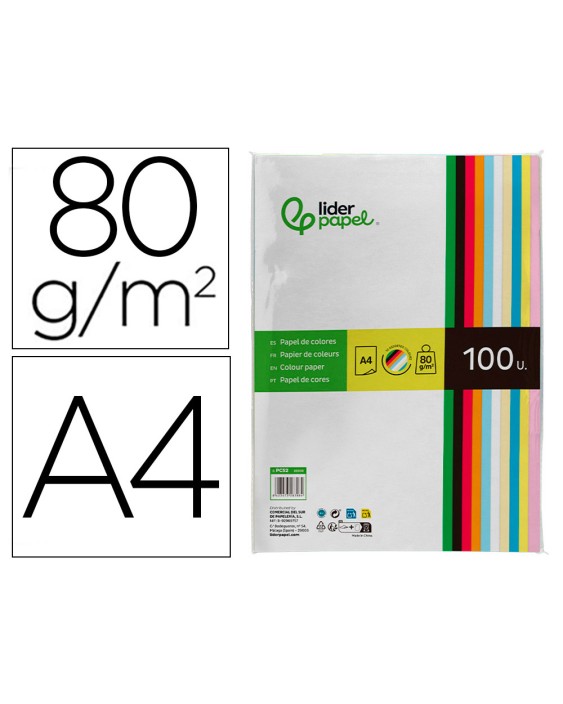 Papel color liderpapel a4 80gr 10 colores surtidos paquete de 100 hojas