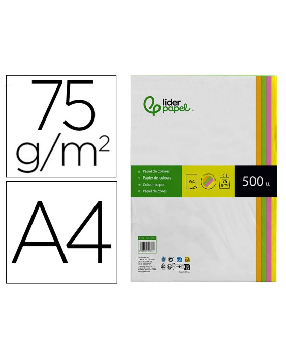 Papel color liderpapel din a4 75 gr neon 4 colores surtidos paquete de 500 hojas