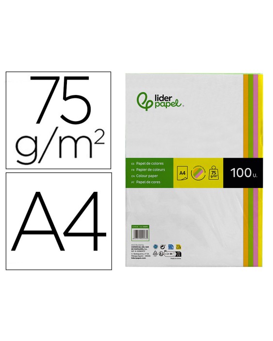 Papel color liderpapel din a4 75 gr neon 4 colores surtidos paquete de 100 hojas