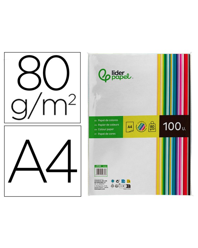 Papel color liderpapel a4 80gr 25 colores surtidos paquete de 100 hojas