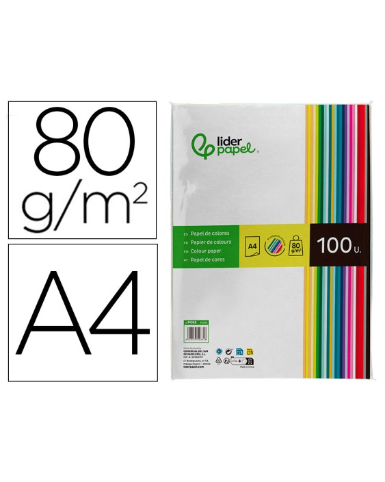 Papel color liderpapel a4 80gr 25 colores surtidos paquete de 100 hojas