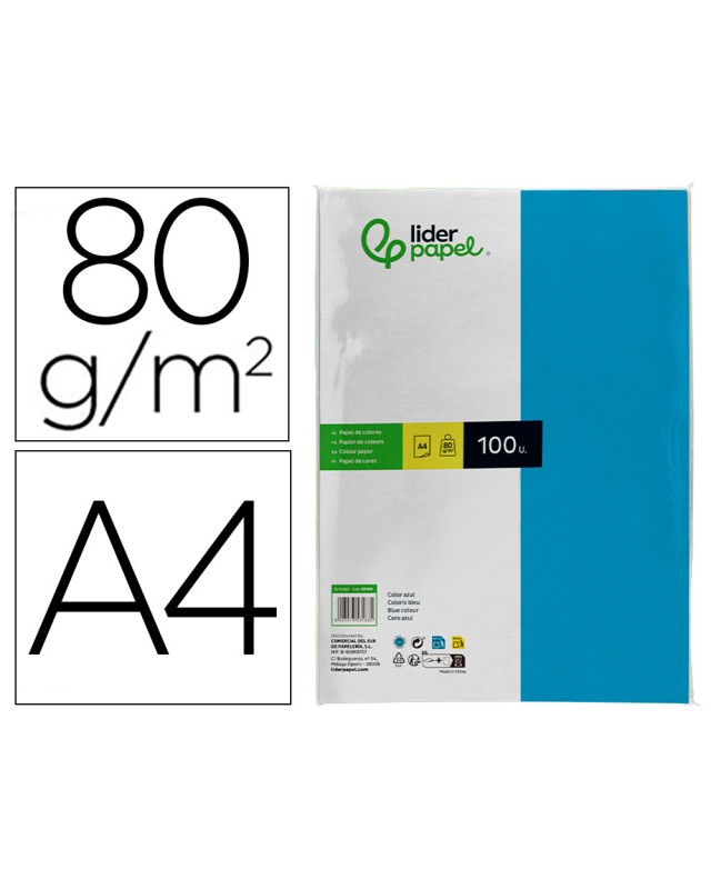Papel color liderpapel a4 80gr azul turquesa paquete de 100 hojas