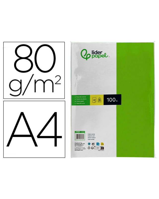 Papel color liderpapel a4 80gr verde intenso paquete de 100 hojas