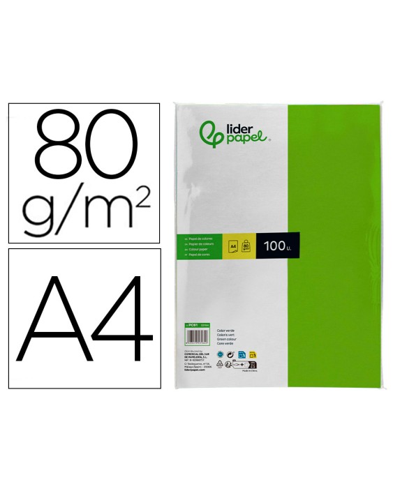 Papel color liderpapel a4 80gr verde intenso paquete de 100 hojas