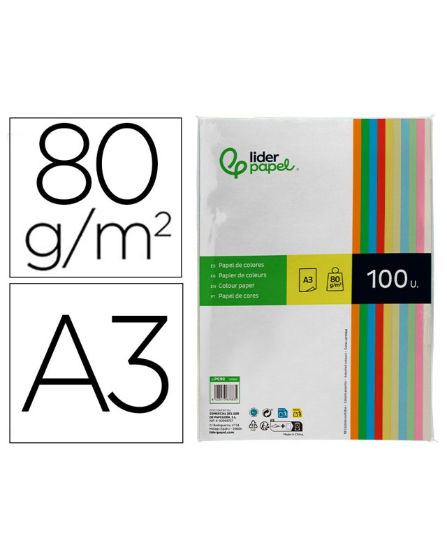 Papel color liderpapel a3 80gr 10 colores surtidos paquete 100 hojas