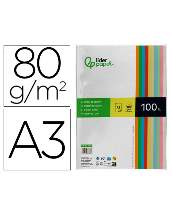 Papel color liderpapel a3 80gr 10 colores surtidos paquete 100 hojas