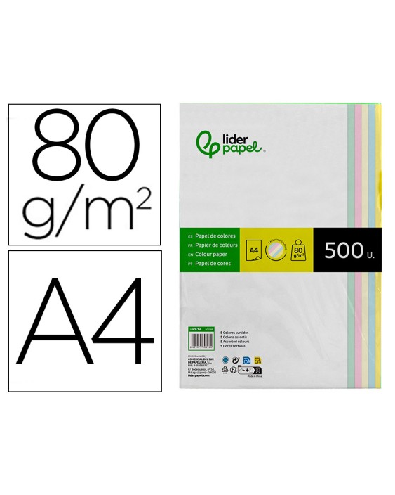 Papel color liderpapel a4 80gr 5 colores surtidos paquete de 500 hojas