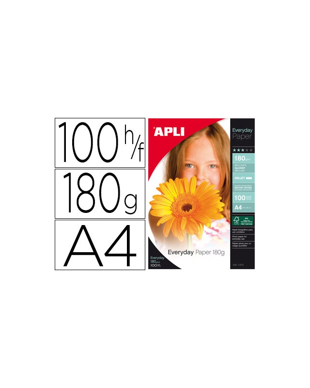 Papel fotografico apli glossy din a4 pack 100 hojas de 180 gr