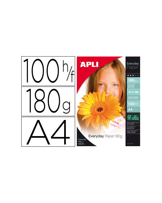 Papel fotografico apli glossy din a4 pack 100 hojas de 180 gr