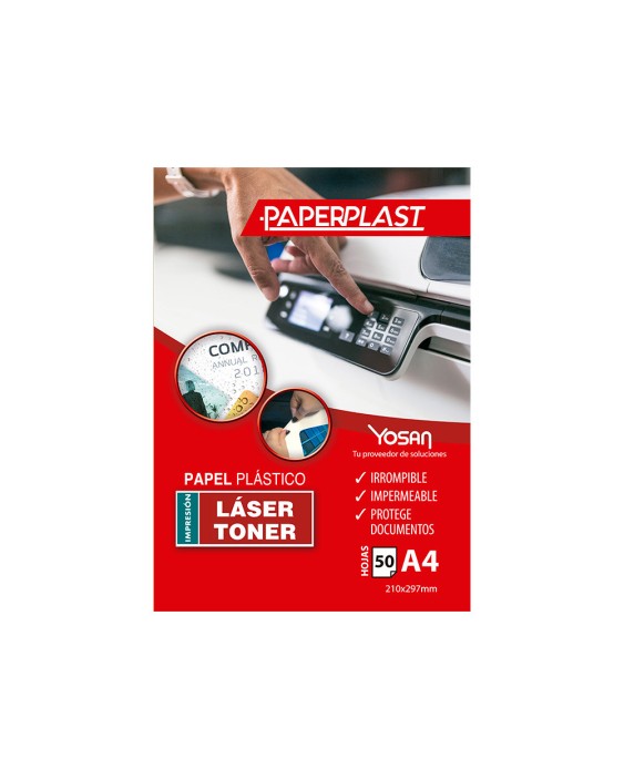 Papel plastico yosan paperplast poliester blanco brillo din a4 150 mc imprimible paquete de 50 hojas