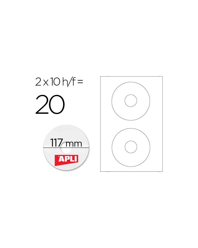 Etiqueta adhesiva apli 10603 tamaño cd-rom 117 mm para fotocopiadora laser ink-jet caja con 10 hojas/20 etiquetas