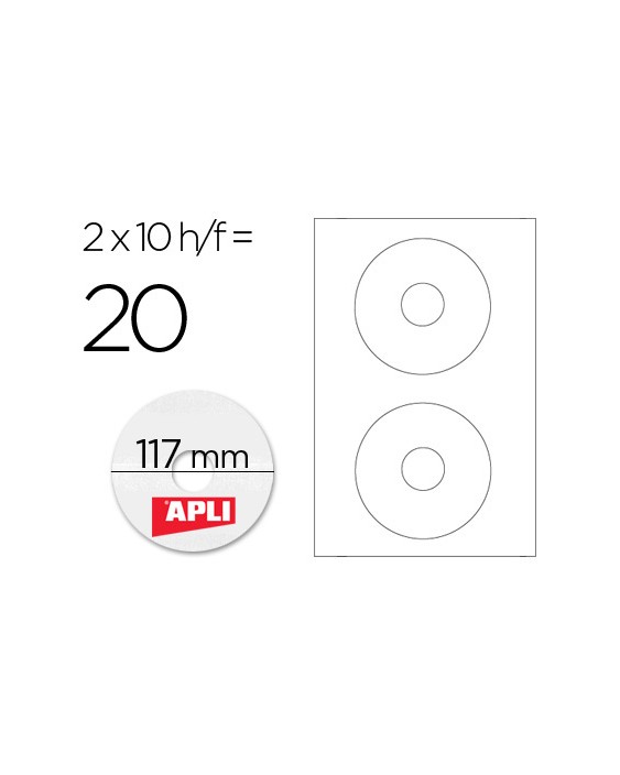 Etiqueta adhesiva apli 10603 tamaño cd-rom 117 mm para fotocopiadora laser ink-jet caja con 10 hojas/20 etiquetas
