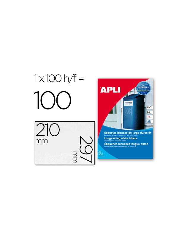 Etiqueta adhesiva apli poliester 210x297 mm resistente a la interperie laser pack de 100 hojas