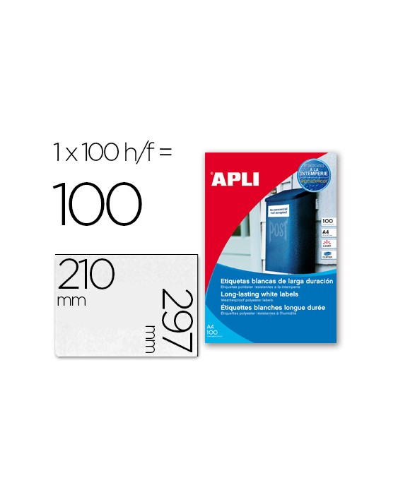 Etiqueta adhesiva apli poliester 210x297 mm resistente a la interperie laser pack de 100 hojas