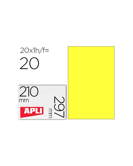 Etiqueta adhesiva apli 02878 tamaño 210x297 mm para laser fotocopiadora ink-jet caja con 20 hojas din a4 amarillo
