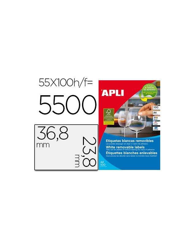 Etiqueta adhesiva apli 36,8x23,8 mm fotocopiadora laser inkjet caja 100 hojas din a4 con 5500 etiquetas