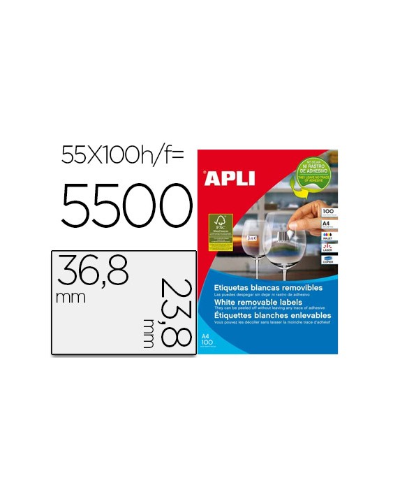 Etiqueta adhesiva apli 36,8x23,8 mm fotocopiadora laser inkjet caja 100 hojas din a4 con 5500 etiquetas