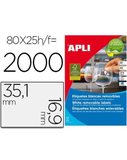 Etiqueta adhesiva apli 35,6x16,9 mm fotocopiadora laser inkjet caja 25 hojas din a4 con 2000 etiquetas