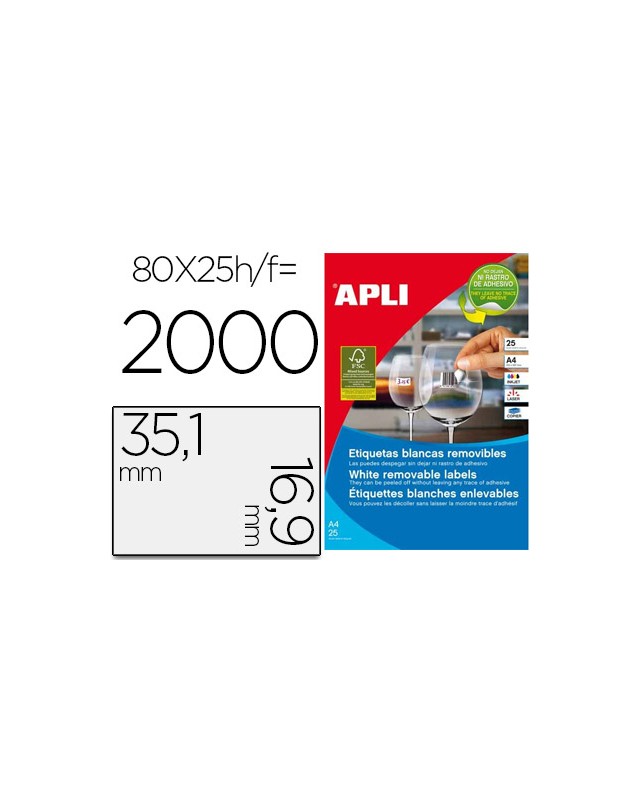 Etiqueta adhesiva apli 35,6x16,9 mm fotocopiadora laser inkjet caja 25 hojas din a4 con 2000 etiquetas