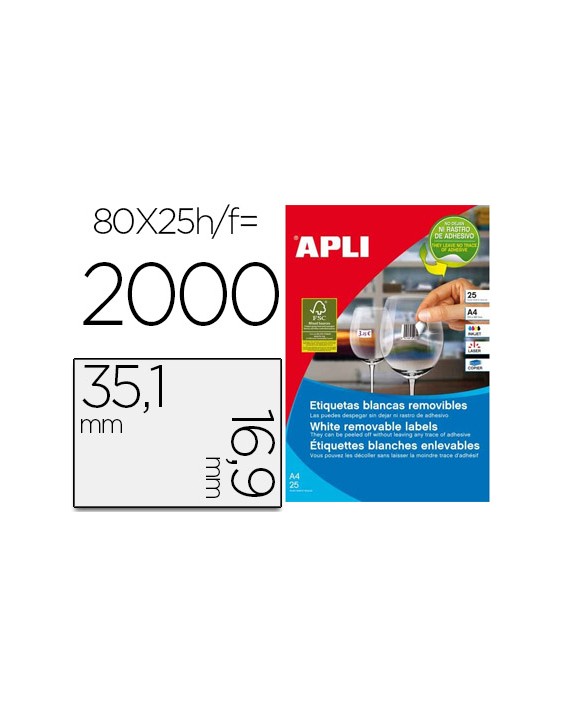 Etiqueta adhesiva apli 35,6x16,9 mm fotocopiadora laser inkjet caja 25 hojas din a4 con 2000 etiquetas