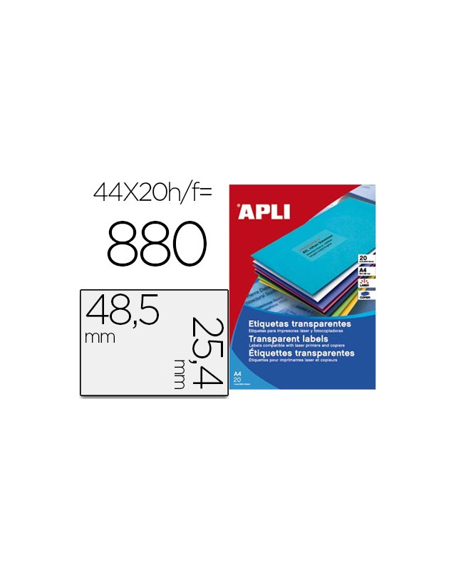 Etiqueta adhesiva apli transparente 48,5x25,4 mm fotocopia laser inkjet caja 20 hojas din a4 con 880