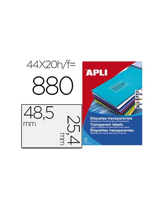 Etiqueta adhesiva apli transparente 48,5x25,4 mm fotocopia laser inkjet caja 20 hojas din a4 con 880