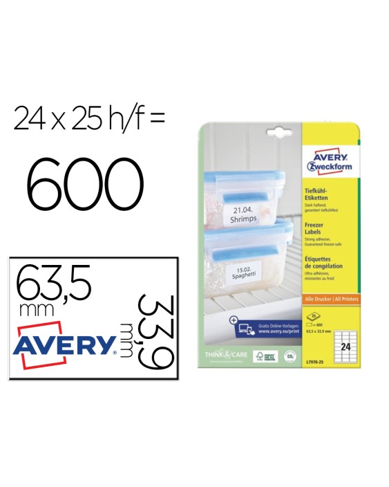 Etiqueta adhesiva avery para congelador blanca 63,5x33,9 mm ink-jet laser fotocopiadorapack de 600 unidades