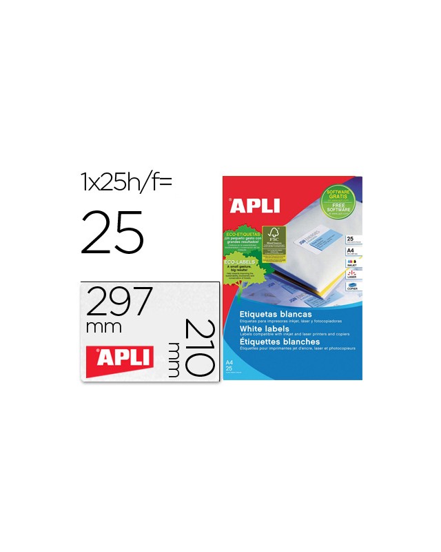 Etiqueta adhesiva apli 1215 210x297 mm para fotocopiadora laser ink-jet caja con 25 hojas