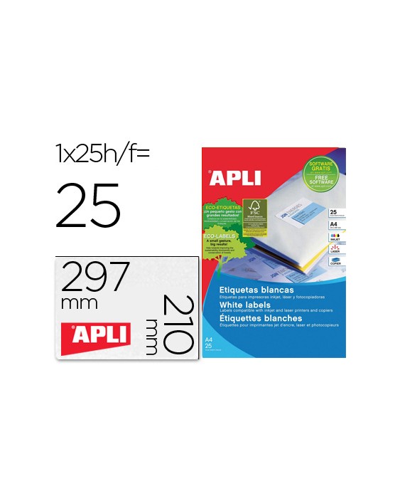 Etiqueta adhesiva apli 1215 210x297 mm para fotocopiadora laser ink-jet caja con 25 hojas