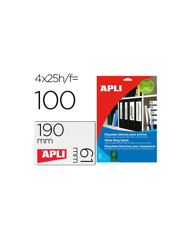 Etiqueta adhesiva apli 1233 tamaño 190x61 mm para fotocopiadora laser ink-jet caja 25 hojas con 100