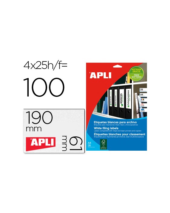 Etiqueta adhesiva apli 1233 tamaño 190x61 mm para fotocopiadora laser ink-jet caja 25 hojas con 100