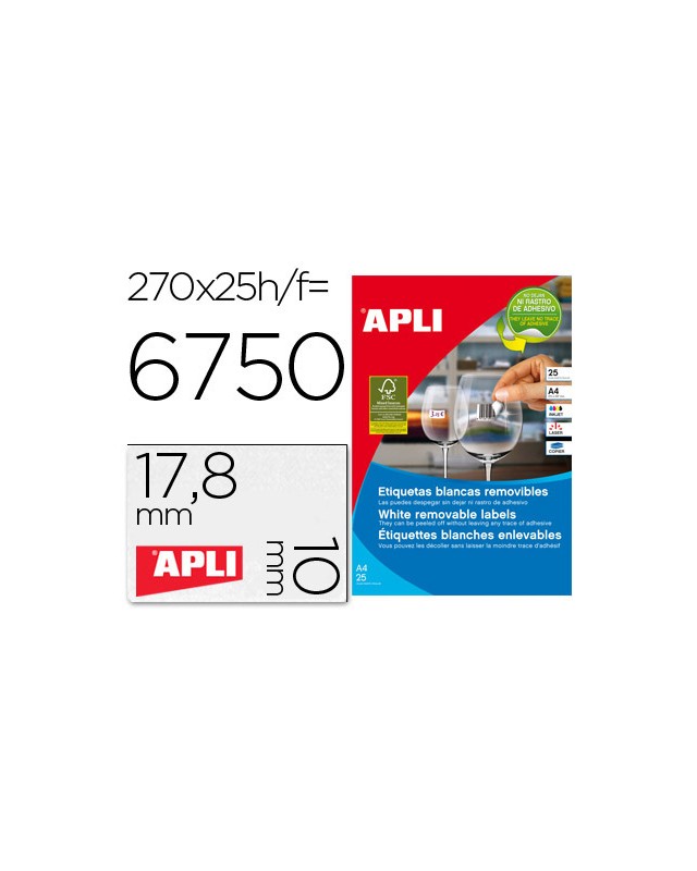 Etiqueta adhesivas apli 10197 tamaño 17,8x10 mm removible para fotocopiadora laser ink-jet caja 25 hojas con
