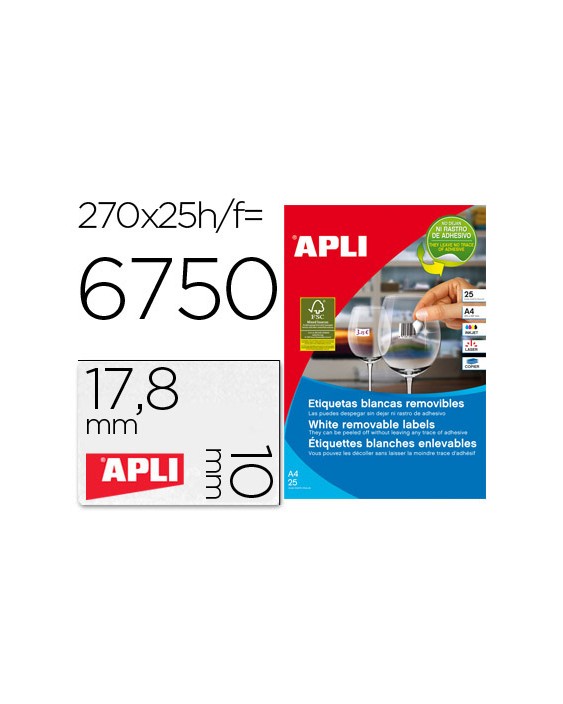 Etiqueta adhesivas apli 10197 tamaño 17,8x10 mm removible para fotocopiadora laser ink-jet caja 25 hojas con