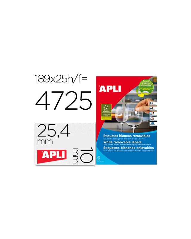 Etiqueta adhesivas apli 10198 tamaño 25,4x10 mm removible para fotocopiadora laser ink-jet caja 25 hojas con