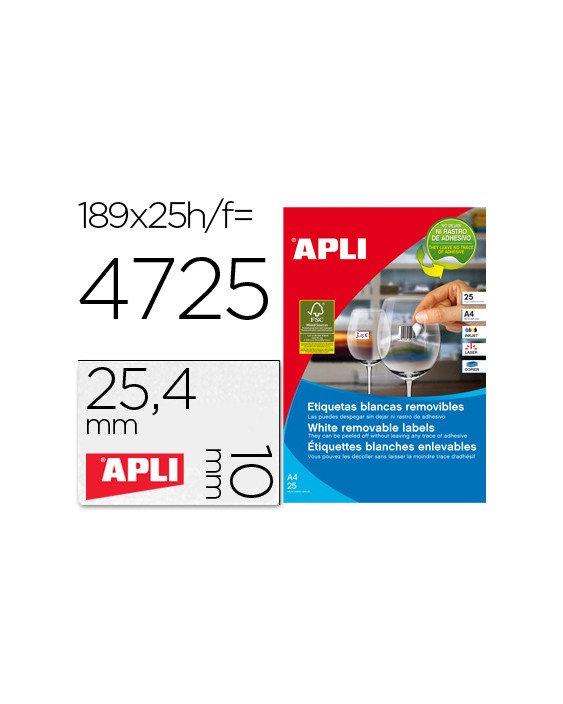 Etiqueta adhesivas apli 10198 tamaño 25,4x10 mm removible para fotocopiadora laser ink-jet caja 25 hojas con