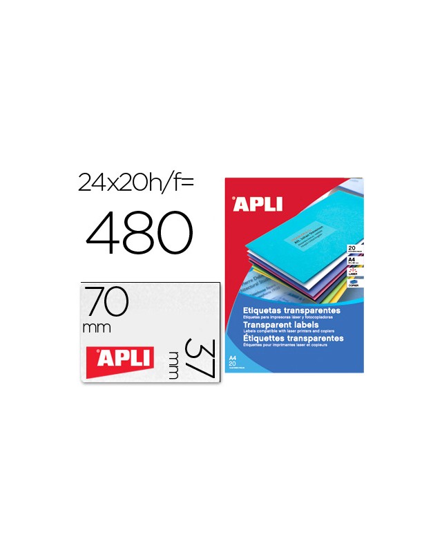 Etiqueta adhesiva apli 1224 transparentes tamaño 70x37 mm para fotocopiadora laser caja 20 hojas con 480 etiquetas