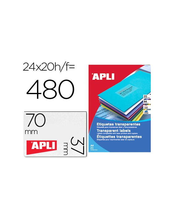 Etiqueta adhesiva apli 1224 transparentes tamaño 70x37 mm para fotocopiadora laser caja 20 hojas con 480 etiquetas