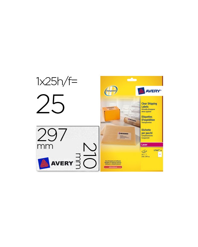 Etiqueta adhesivas resistente avery transparente 210x297 mm caja de 25 unidades