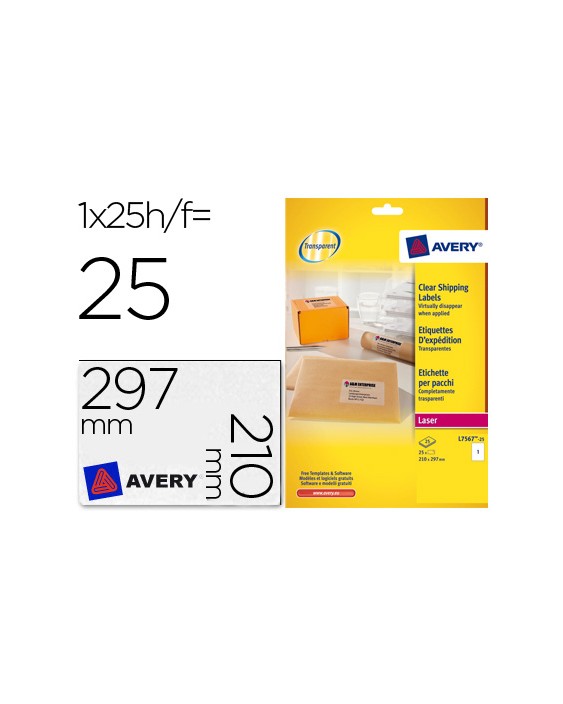 Etiqueta adhesivas resistente avery transparente 210x297 mm caja de 25 unidades