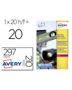Etiqueta adhesiva avery poliester blanca 210x297 mm resistente laser pack de 20 unidades