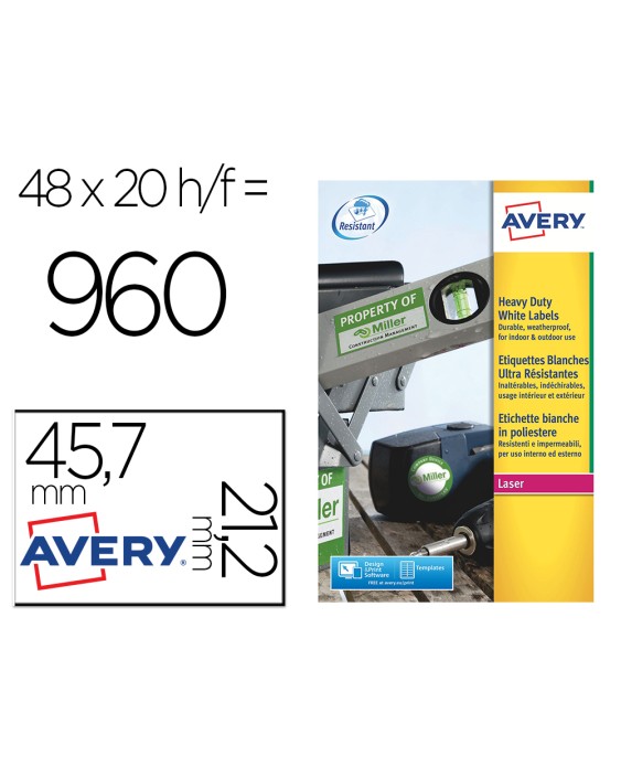 Etiqueta adhesiva resistente avery poliester plata 1,2 mm 45,7x21,2 mm laser pack de 960unidades
