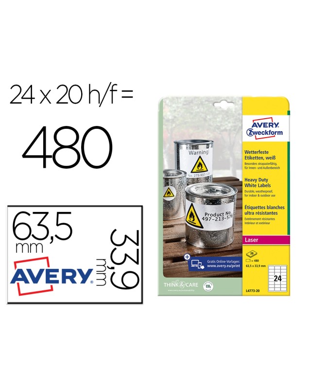 Etiqueta adhesiva resistente avery poliester blanco 3,9 mm 63,5x33,9 mm laser pack de 480unidades
