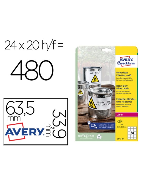 Etiqueta adhesiva resistente avery poliester blanco 3,9 mm 63,5x33,9 mm laser pack de 480unidades