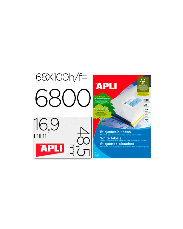 Etiquetas adhesivas apli 01282 tamaño 48,5x16,9 mm para fotocopiadora laser ink-jet caja de 100h dina4 6800 etiqu