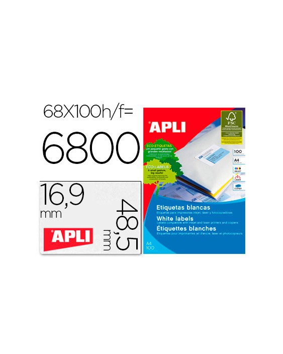 Etiquetas adhesivas apli 01282 tamaño 48,5x16,9 mm para fotocopiadora laser ink-jet caja de 100h dina4 6800 etiqu