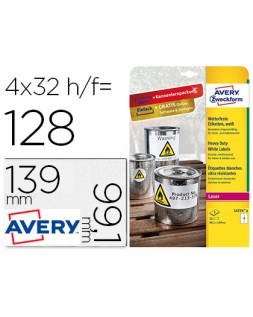 Etiqueta adhesiva resistente avery poliester blanco 99,1x139 mm para impresora laser pack de 32 unidades