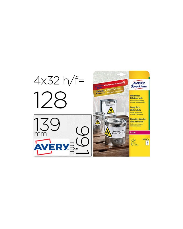 Etiqueta adhesiva resistente avery poliester blanco 99,1x139 mm para impresora laser pack de 32 unidades