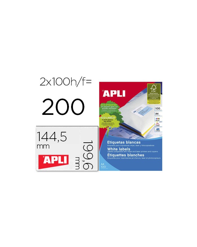 Etiqueta adhesiva apli 2423 tamaño 199,6x144,5 mm fotocopiadora laser ink-jet caja con 100 hojas din a4