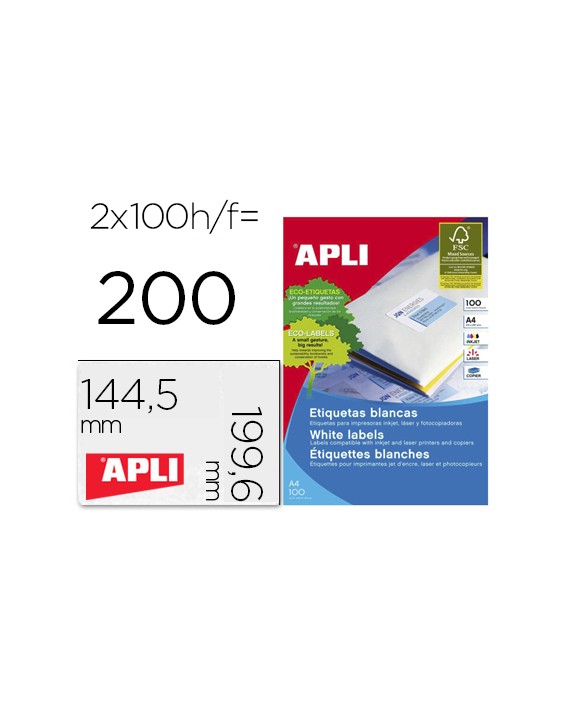 Etiqueta adhesiva apli 2423 tamaño 199,6x144,5 mm fotocopiadora laser ink-jet caja con 100 hojas din a4