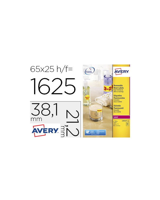 Etiqueta adhesiva avery tamaño 38,1x21,2 mm removible amarillo fluorescente caja de 1625 unidades